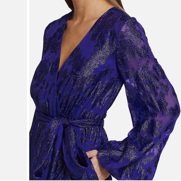 NWT ML Monique Lhuilier Belted Metallic Fil Coupe Silk Blend Wide Leg Jumpsuit 2 - Picture 4 of 16